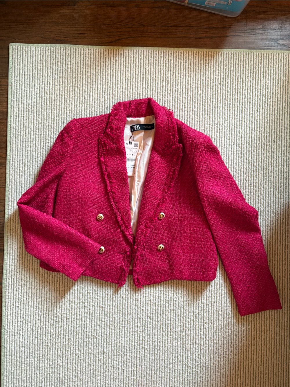Zara Hot Pink Tweed Double-Breasted Cropped Jacket